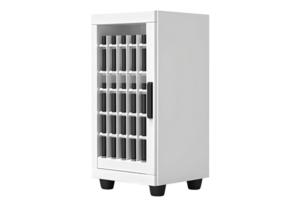 A compact white cabinet featuring multiple compartments and a handle, designed for storage and organization. png