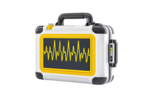 A durable medical case featuring a digital display with a waveform graphic, designed for health monitoring equipment. png