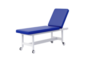 A blue examination table with an adjustable backrest and a sturdy white frame on wheels. png