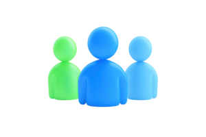 Three colorful figurines in blue and green, representing people, with a simplistic, modern design. png