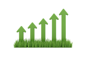 A series of green arrows pointing upward, symbolizing growth and progress, situated above a patch of grass. png