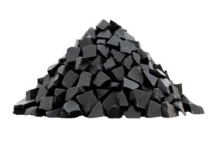 A pile of irregular black stones, showcasing a range of shapes and sizes, creating a textured surface. png