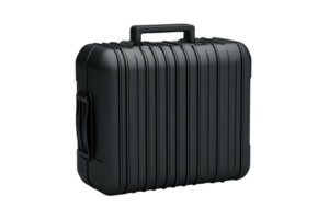 A sleek, black hard-shell case with vertical grooves and a sturdy handle, designed for durability and secure storage. png
