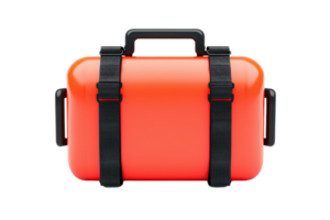 A vibrant orange storage case with a sturdy handle and black straps, designed for durability and secure transportation of items. png