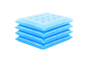 A stack of four blue, padded cushions, featuring a textured surface with small indentations for comfort. png