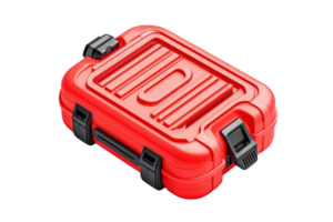 A compact red storage case designed for durability and protection, featuring secure latches and a textured surface. png
