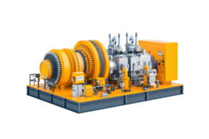 A large, industrial turbine generator with yellow accents, designed for power generation, featuring multiple components and a robust platform. png