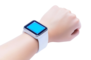 A modern smartwatch with a square face and blue screen displayed on a wrist against a transparent background. png