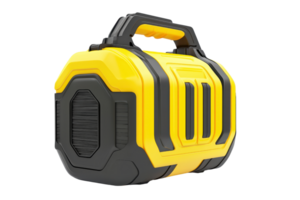 A robust yellow portable speaker designed for outdoor use, featuring a sturdy handle and textured sides for enhanced grip. png