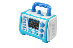 A compact, colorful toy radio with a handle, featuring various buttons and a digital display for playful engagement. png
