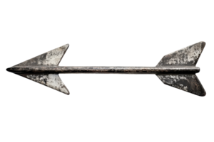 A weathered metallic arrow with dual pointed ends, showcasing a rustic texture and distinct design. png