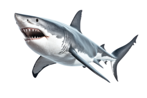 A formidable shark showcasing sharp teeth and a streamlined body, demonstrating its powerful aquatic presence. png