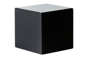 A shiny black cube with smooth surfaces and sharp edges, reflecting light subtly from its top surface. png