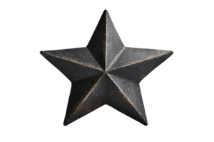 A five-pointed star with a textured surface, featuring sharp angles and a dark metallic finish, emphasizing its geometric form. png