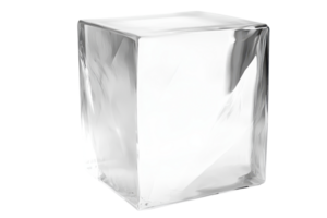 A clear ice cube with sharp edges and smooth surfaces, reflecting light and displaying crystalline textures. png