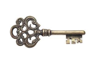A vintage key with intricate designs and a classic shape, showcasing ornate details and a robust structure. png