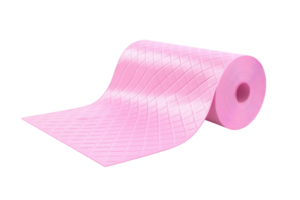 A pink roll of textured material with a smooth finish, partially unrolled, showcasing its flexible nature and distinctive pattern. png