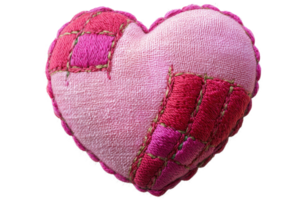 A plush heart-shaped decoration in shades of pink and red, featuring a patchwork design with embroidery details. png