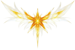 A radiant, stylized emblem featuring sharp, feather-like wings and a central starburst, exuding a sense of light and energy. png