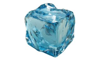 A clear, blue ice cube with sharp edges and a glossy surface, reflecting light. png