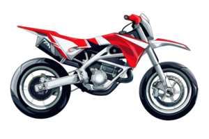 A vibrant, stylized motorcycle featuring a sleek design with red and silver accents, emphasizing speed and performance. png