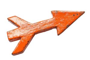 A worn orange arrow pointing right, showcasing a rustic texture and distinct shape, symbolizing direction or movement. png