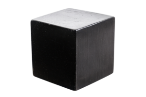 A polished black cube with smooth surfaces and sharp edges, emphasizing its geometric form and reflective quality. png