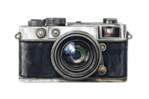 A vintage camera with a classic design, featuring a large lens and intricate detailing, showcasing its timeless appeal. png