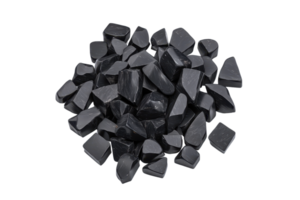 A cluster of irregularly shaped black stones with a glossy surface and sharp edges, showcasing their unique textures and forms. png