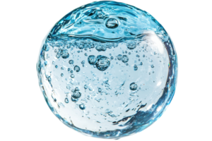 A spherical bubble of clear water filled with small bubbles, showcasing its reflective surface and fluid dynamics. png