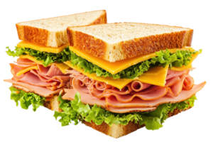 A stacked sandwich featuring layers of ham, cheddar, and lettuce between slices of toasted bread. png