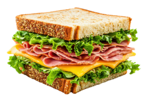 A delicious sandwich layered with fresh lettuce, cheddar cheese, and slices of ham, all nestled between two slices of whole grain bread. png