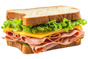 A delicious sandwich filled with layers of ham, cheese, and fresh lettuce, all nestled between two slices of bread. png