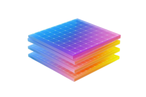A vibrant stack of layered, grid-patterned surfaces transitioning from blue to pink to yellow. png