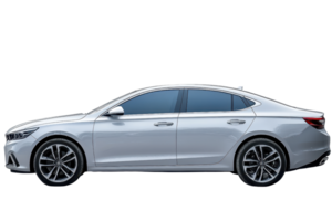 A sleek, modern sedan featuring a streamlined design and elegant white color, showcasing its stylish profile. png