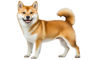 A cheerful Shiba Inu stands confidently, showcasing its distinctive coat and playful demeanor. png
