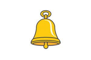 A bright yellow bell featuring a rounded shape and a small clapper at the bottom, designed with simple lines and a classic appeal. png