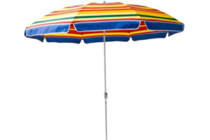 A colorful beach umbrella with horizontal stripes providing shade and protection from the sun. png