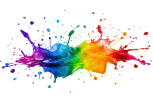 A vibrant splash of rainbow-colored paint with dynamic splatters, showcasing a blend of colors in a fluid and energetic form. png