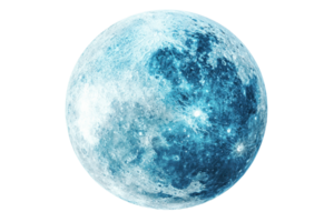 A luminous blue moon with visible craters and textures, presenting a celestial and ethereal appearance. png