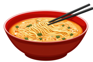 A vibrant bowl of noodles topped with green onions and served with chopsticks, showcasing a rich, flavorful broth. png