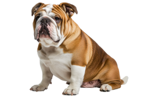 A Bulldog sitting proudly, showcasing its muscular build, distinctive wrinkled face, and unique coat pattern. png