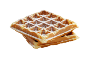 A stack of golden-brown waffles dusted with powdered sugar. png