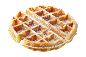 A golden-brown waffle dusted with powdered sugar, featuring a classic grid pattern with deep pockets for syrup. png