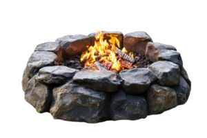 A stone fire pit with crackling flames and burning wood, creating a warm and inviting atmosphere. png