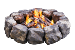 A circular stone fire pit with burning logs and flames, creating a warm and inviting atmosphere. png