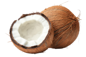 A coconut split in half, revealing its white flesh and brown shell, showcasing its natural texture and shape. png