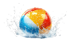A vibrant beach ball splashes into water, creating dynamic droplets and a lively scene. png