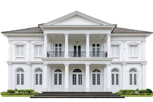A grand, two-story white house featuring elegant columns, multiple windows, and a spacious balcony. png