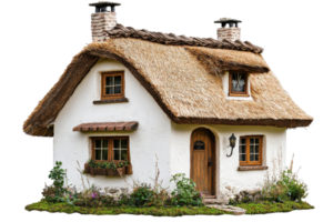 A charming cottage with a thatched roof, wooden windows, and a welcoming front door, surrounded by lush greenery. png